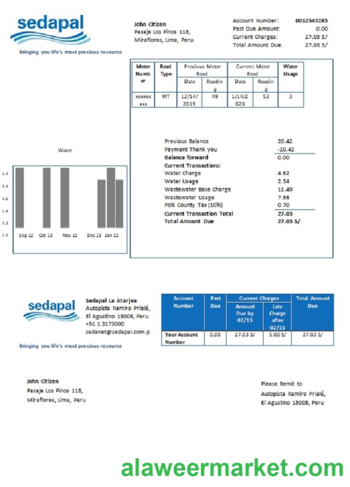 Peru Sedapal La Atarjea water utility bill template in Word and PDF format